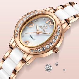 Wristwatches Women Quartz Watch Reloj Oval Case Luxury Orologio With Diamond Inlay Bezel Rose Gold White Strap Clock Ladies Wristwatch