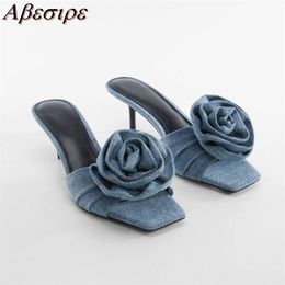 Slippers Summer Square Head Denim Rose Solid Colour High Heeled Fashion Elegant Temperament Casual Dres S Shoes 230830