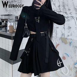 Two Piece Dress Gothic Cargo Shirt Suit Egirl Punk Chain Ribbon Skirts Goth sets Autumn Streetwear Harajuku Black Grunge Aesthetic Clothes 230830