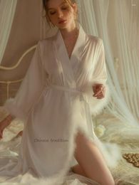 Women's Sleepwear Women Satin Bride Wedding Bathrobe Floor Length Robe Luxury Feather Peignoir Burgundy Morning Dress Gown