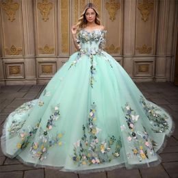 Sage Green Shiny Sweetheart Princess Quinceanera Dresses Off Shoulder 3D Applique Floral Beaded Lace-up Corset Prom de 15 anos