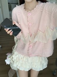 Women's Sweaters KIMOKOKM French Retro Fashion Sweet Girl ONeck Cute SingleLace breasted Cardigan Full Sleeve Sweetheart Pink Knitting Sweater 230831