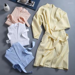 Women's Sleepwear Spring Waflle Bathrobe Women Solid Cotton Long Sleeve Ladies Kimono With Sashes Knee Length Luxury Dressing Gown For