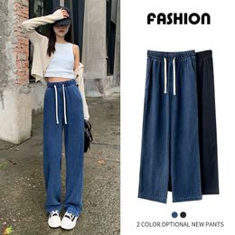 Women's Jeans Jean 2023 SpringSummer Denim Wide Leg Pant Slim High Waist Lace up Loose Straight Floor Towers 230830