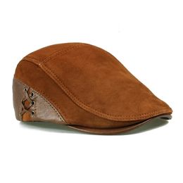 Berets Fashion European Style Genuine Leather Caps Beret Man Casual Sheepskin Suede BlackBrown Fitted Duckbill Hats Male 230830