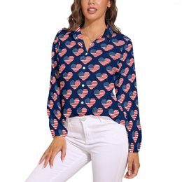 Women's Blouses USA Flag Hearts Loose Blouse Patriotic White Blue Classic Oversized Women Long-Sleeve Modern Shirts Summer Graphic Top