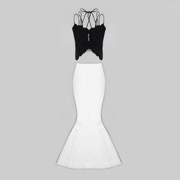 Casual Dresses Winter Autumn And 2023 Black White Colorblocked Suspender Neck Hollow Out Dress Bandage Gown Wholesale Dropship