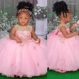 Girl Dresses Pink Flower For Weddings Sheer Neck Beaded Tulle Girls Pageant Dress Kids Communion Gowns With Bow