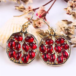 Dangle & Chandelier Vintage Fresh Red Stone Drop Earring Interesting Pomegranate Shaped Gold Color Earrings Jewelry Set For Women 152V