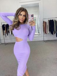 Casual Dresses Women Knitted Ribbed Midi Dress Autumn Long Sleeve Sheath Bodycon Going Out Woman Sexy Cut Solid Robe