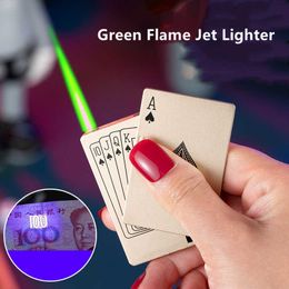 Creative Poker Cards Torch Lighter Windproof Metal No Gas Green Flame Jet Refill Butane Funny Smoking Toys Gadgets NOZR