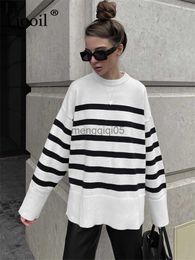 Women's Sweaters Women Stripe Knit Sweater Pullover Long Sleeve Knitted Tops O Neck Female Jumper Autumn Winter Streetwear White Baggy Sweaters HKD230831