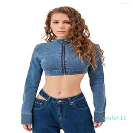 Women's Jackets Women Cropped Denim Jacket Stand Collar Zipper Long Sleeve Jean Coat Fall