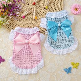 Dog Apparel 2 Pieces Blue Pink Spotted Dress With White Lace And Bow