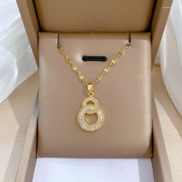 Pendant Necklaces 12pcs/lot Stainless Steel Gold Color Zircon Double Round Chain Necklace For Women Party Fashion Jewelry Gift Wholesale