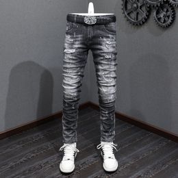 Men's Jeans Street Fashion Men Jeans Retro Black Gray Elastic Slim Ripped Jeans Men Vintage Trousers Patched Painted Designer Hip Hop Pants 230830