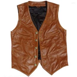 Men's Vests 2023 Genuine Leather Soft Cowskin Motorcycle Biker Slim Fit Short Youth Vest Brand Brown Sleeveless Jacket