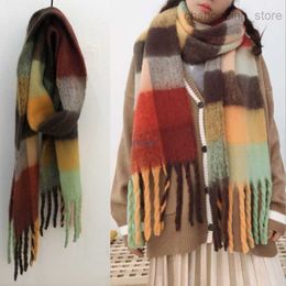 Scarves Ac Scarf Autumn and Winter Imitation Cashmere Thick Beard Scarf; Versatile Colour Bar Grid; Students Thickened