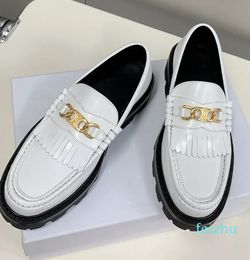 Luxury Designers flat Dress shoe Genuine calfskin leather slip on flats women's White Triomphe golden chain fringed loafers factory shoes