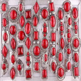 Wedding Rings QianBei Wholesale 30pcs/Lot Retro Style Natural Red Turquoise Stone Rings Luxury Bohemian Jewellery Adjustable For Female 230831