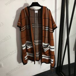 womens brand sweater jackets designer female knitted sweaters Plaid cardigans high end Hooded cape shawl 2023FW fashion knitting jackets brown color size S M L