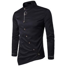 Men's Dress Shirts 2021 Spring Autumn Embroidery Irregular Oblique Button Brought High-grade El Waiter Men Clothes Camisa Soc239R