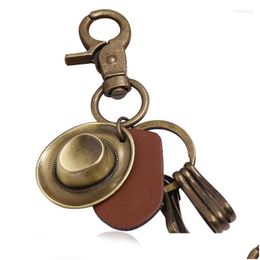 Keychains Lanyards Vintage Bronze Cowboy Hat Charm Mti-Hanging Ring Brown Leather Pendant Keyrings Accessories Fashion Jewelry Gifts Dhmsm