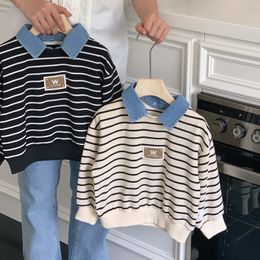 Hoodies Sweatshirts Autumn Winter Children's Clothing Kids Casual Sweatshirt Baby Boys Girls Striped Cotton Pullovers Denim Collar T shirts 230830