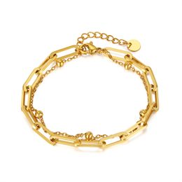 Simple Double Layer Multi-layer Paper Clip Chain Bracelet Stainless Steel Jewellery For Mens Women Gold Silver 17cm+4cm