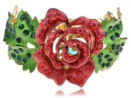 Bangle Synthetic Ruby Emerald Crystal Rhinestone Rose Flower Leaf Bracelet Cuff