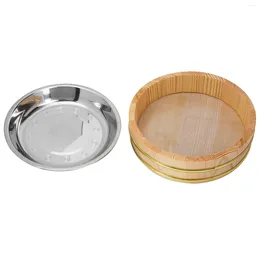 Dinnerware Sets Sushi Wooden Tray Round Bucket Restaurant Rice Sashimi Storage Plate Stainless Steel Containers Creative Serving