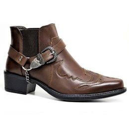 Boots Mens Vintage Cowboy Leather High Top Chain Buckle Strap Punk Shoes Pointed Toe Biker Men M812 230831