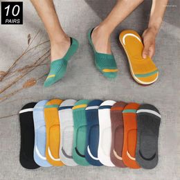 Men's Socks Fast Send 10 Pairs No Show Men Cotton Invisible Summer Silicone Non-Slip Sock Breathable Stripe Low Cut Ankle