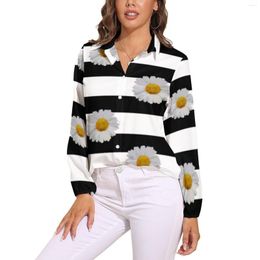 Women's Blouses White Floral Daisies Blouse Black Stripes Print Custom Woman Long Sleeve Street Fashion Shirts Oversized Tops