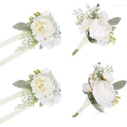 Decorative Flowers 4pcs Peony Wrist Flower Corsages Bride Wristlet Band Bracelet Men Boutonnieres Set For Wedding Mother Of And Groom