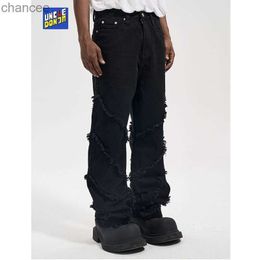 Spiral Frayed Minions Flared Jeans Men Moto Biker Y2k Mens Jeans Street Wear Pantalones Y2k Hombre Black Jeans HKD230829