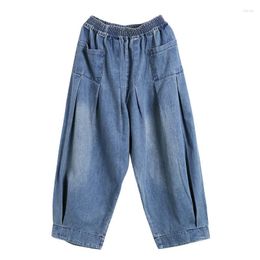 Women's Pants Elastic Waist Big Pocket Women Harems Jeans Pant Stitching Pleated Loose Denim Trousers