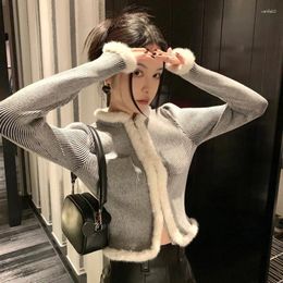 Women's Jackets Xpqbb Gray Hairy Patchwork Cardigan Women Korean Chic Slim Fit Pockets Short Jacket Ladies Autumn Winter Wild Long Sleeve