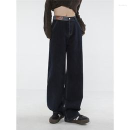 Women's Jeans Vintage Navy Blue High Waist Women American Fashion Streetwear Female Denim Trouser Straight Wide Leg Baggy Pants