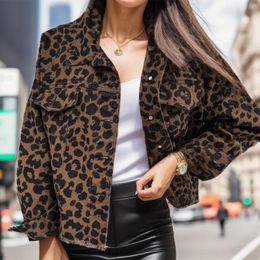 Women's Jackets Vintage Leopard Denim Jacket For Women Loose Oversize Long Sleeve Coat Streetwear Turn-Down Collar Woman Clothing