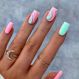 False Nails Long Square Pink Green Blue Lines Nail Tips Detachable Full Cover Fake Nials Women Girls