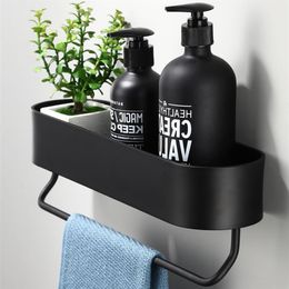 Black Bathroom Shelf 30-50cm Lenght Kitchen Wall Shelves Shower Basket Storage Rack Towel Bar Robe Hooks Bathroom Accessories T200223S