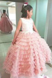 Girl Dresses Flower Dress Pink Tulle Princess A-line With Cascading Ruffles Appliques And Lace Up Back Fit Wedding Party Birthday Gowns