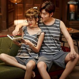 Women's Sleepwear Couple Pyjamas Sets Summer Cotton Pyjamas Striped Pijamas Sleeveless Men And Women Casual Lover Homewear Lougewear