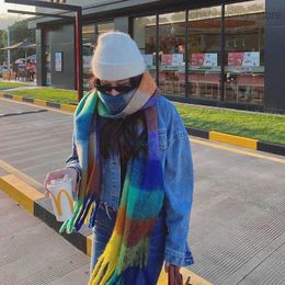 Scarves Ac the Same Rainbow Scarf for Men and Autumn Winter New Korean Version Multi-color Contrast Plaid Tassel