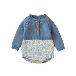 Rompers BeQeuewll Baby Boys Winter Sweater Rompers Long Sleeve Contrast Colour Button Knit Playsuit Kids Sweater Tops For 0-18 Months 230831