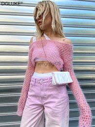Women's Sweaters 2022 Pink Long Sleeve Knitted Crop Top Hollow Out Crochet Cashmere Sweater Women Cute Fashion Spring Fall Shirts Y2K HKD230831