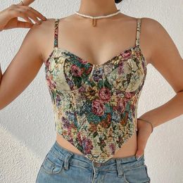 Women's Tanks Est Streetwear Retro Colorful Flower Printing Sexy Sling Court Style Waist Shaper Vest Backless Top Ropa Mujer Clothes