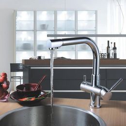Kitchen Faucets High Quality All Brass Black Chrome Polished Rotatable 3 Way & Cold Sink Mixer Faucet 2 Holes Drinking Water Tap-