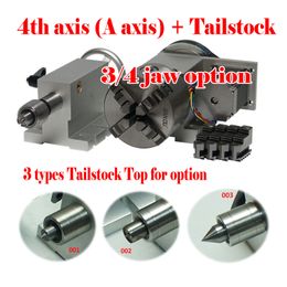 4th Rotation Rotary A Axis With 3 4 Jaw 100mm Chuck Tailstock MT2 Stepper Motors For CNC Engraving Cutting Machine